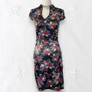 Vintage Colorful Floral Black Shinty Satin Cheongsam Bodycon Midi Dress S